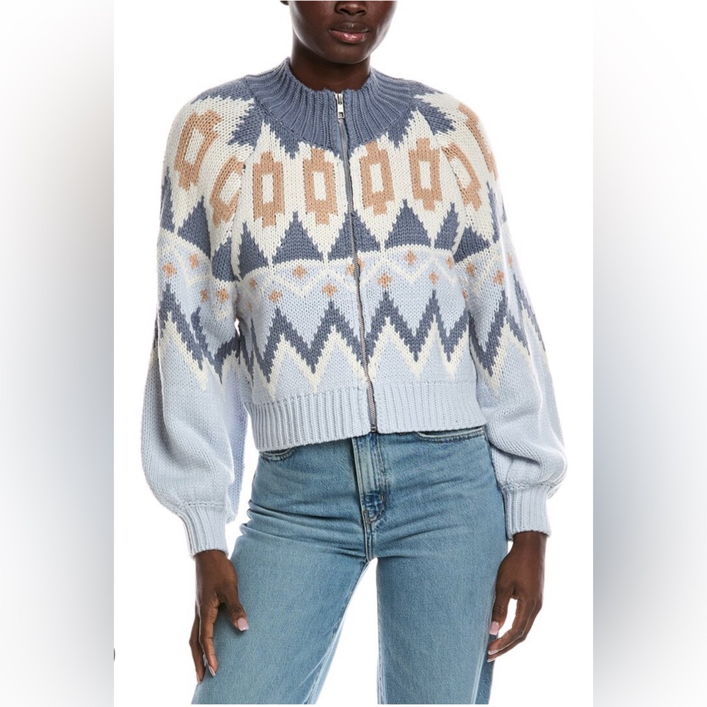 525 America Victoria Fairisle Sky Blue Zip Bomber Sweater Jacket Size S